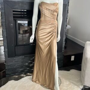 Gold Satin Corset Gown Strapless Formal XS Slit Bustier Dress Prom Wedding Gues